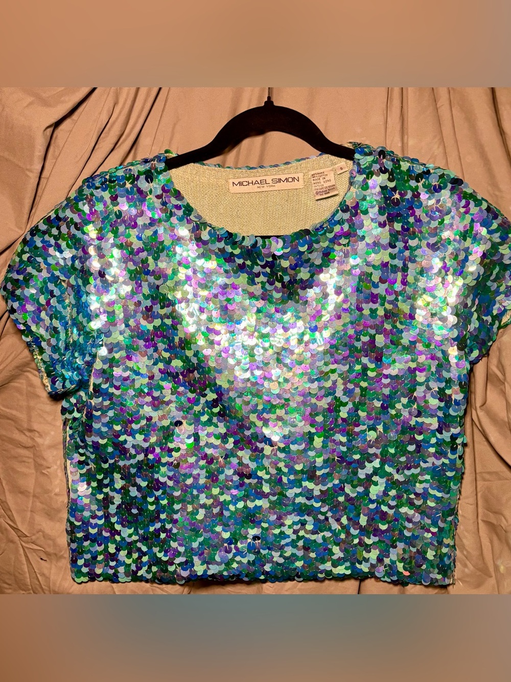 Michael Simon Iridescent Sequin Crop Top in Blue-Green size small